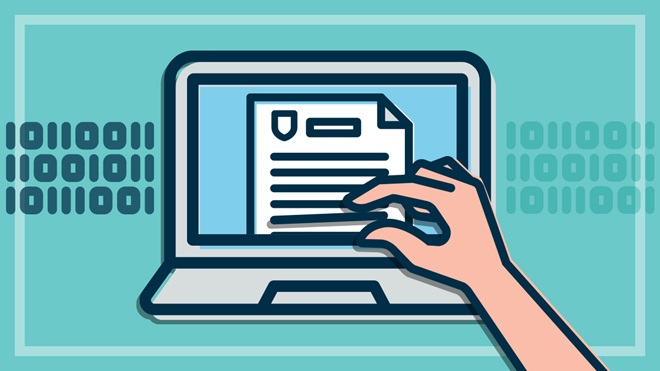 illustration of hand adding sentence to privacy document on laptop screen